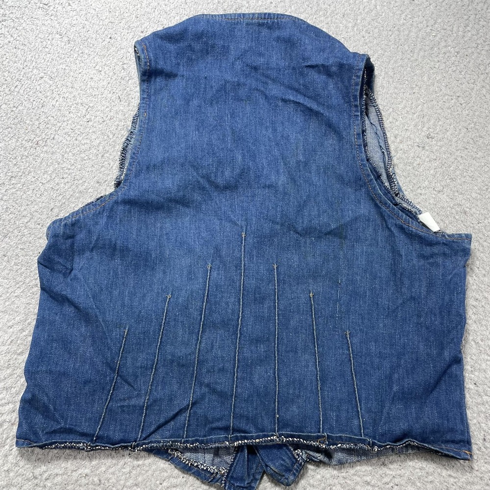 VTG 70s Farah Vest Women Large Blue Denim Button Front Made USA Collarless Biker - Picture 5 of 11